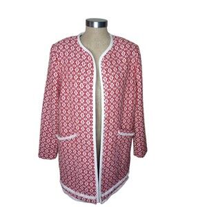 Cynthia Rowley Jacket Women's Size L White /Red  Open Front Fringe Pockets EUC